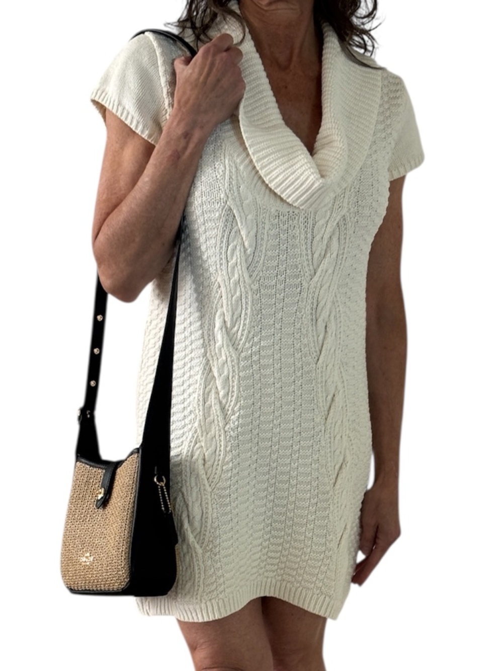 Express Cowl Neck Cable Knit Mini Dress - Cream Size S